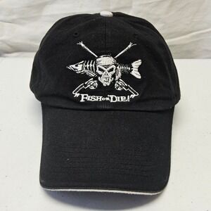 Get Reel Get Fish Baseball Cap Mens OSFM Black Fish or Die Skull Embroidered Hat